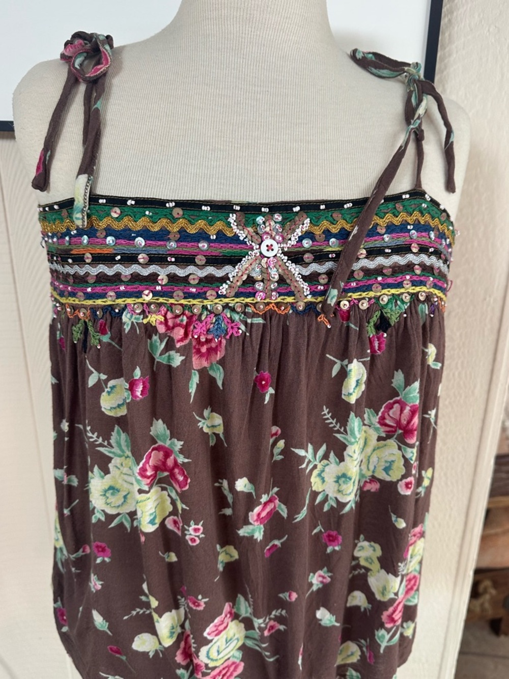 Free People Brown Floral Tie-Shoulder Tank with Pink Accents
